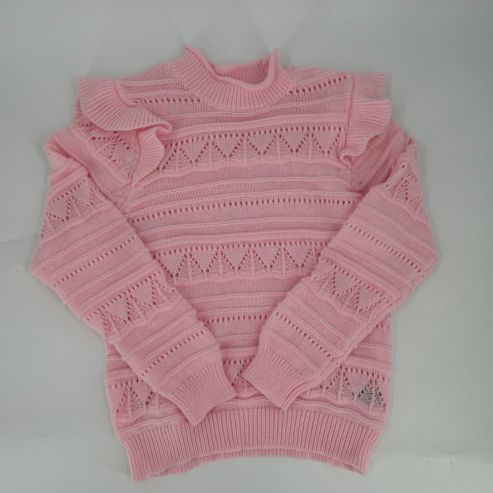 SHEIN Sweater Ruffle Shoulder Pointelle Knit‎ Modern Women Size Medium Pink Top